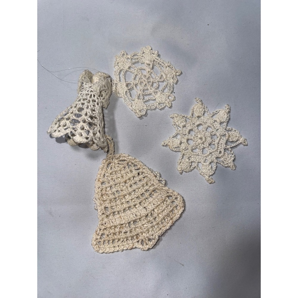 Vintage Handmade Crochet Christmas Ornaments Cream Lace Angel Bell Snowflake 5pc